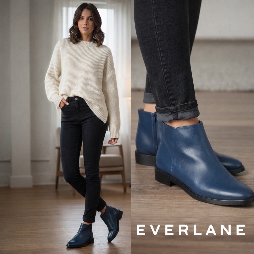 Everlane Womens 7.5 Ankle Boots Blue Leather Italy Minimalist Modern‎ Chic